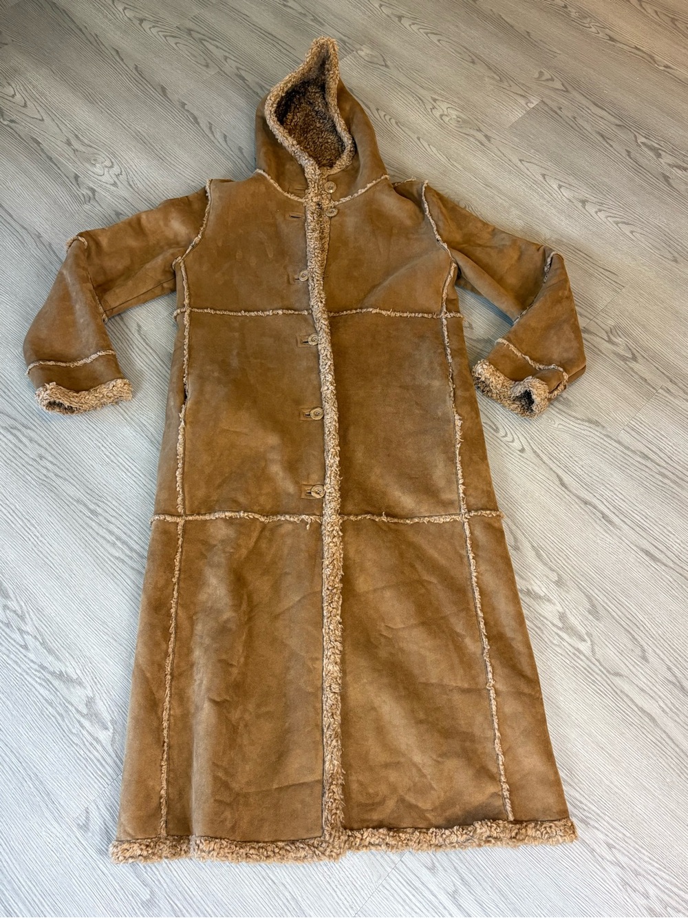 Vintage St. John's Bay Faux Suede Hooded Shearling Trench Coat - Brown
